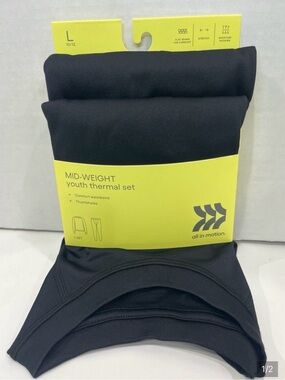 NWT all in motion Black Youth Large 10-12 Mid-Weight Thermal Set Pant and Shirt